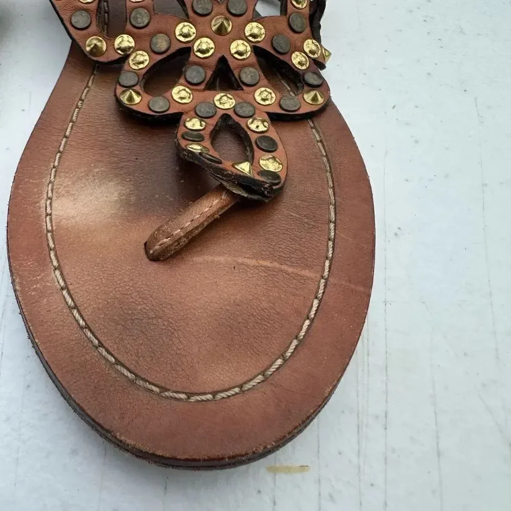 Frye Brown Leather Sandals with Gold Accents